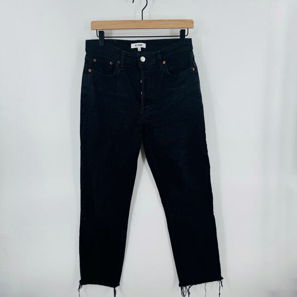 RE/DONE Black High Rise Jeans Size 29 Straight Leg Raw Hem Designer Denim - Picture 9 of 9